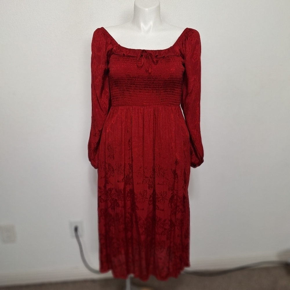"NEW" Red Romantic Coquette Jacquard Floral Ruffle Smocked Midi Dress Size M